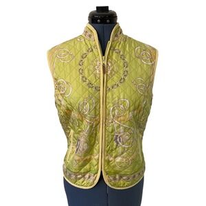 J. McLaughlin Womens Green Quilted Silk Equestrian Zip Up Vest Preppy Derby S